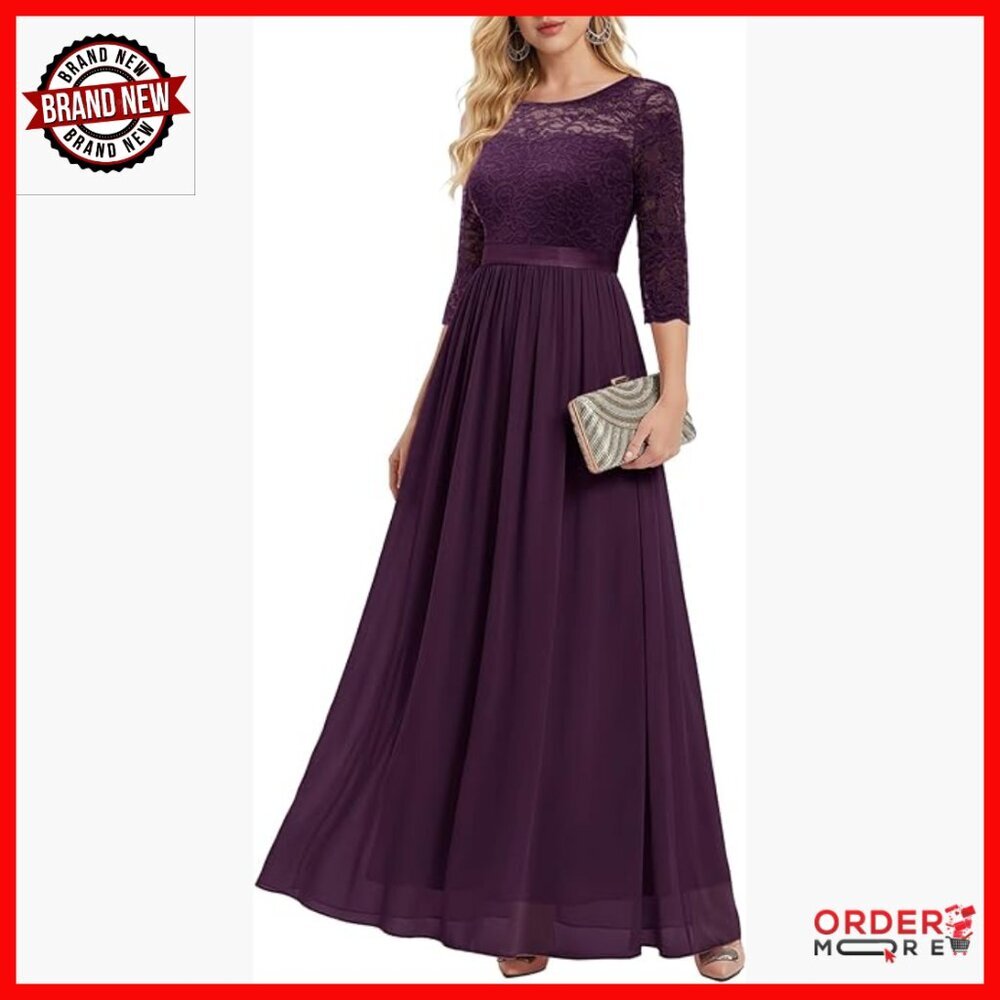 Long Sleeve Lace Maxi Formal Dress A-Line Wedding Guest Evening Gown